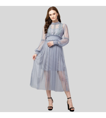 Womens Net Embroidered Drop Waist Dress